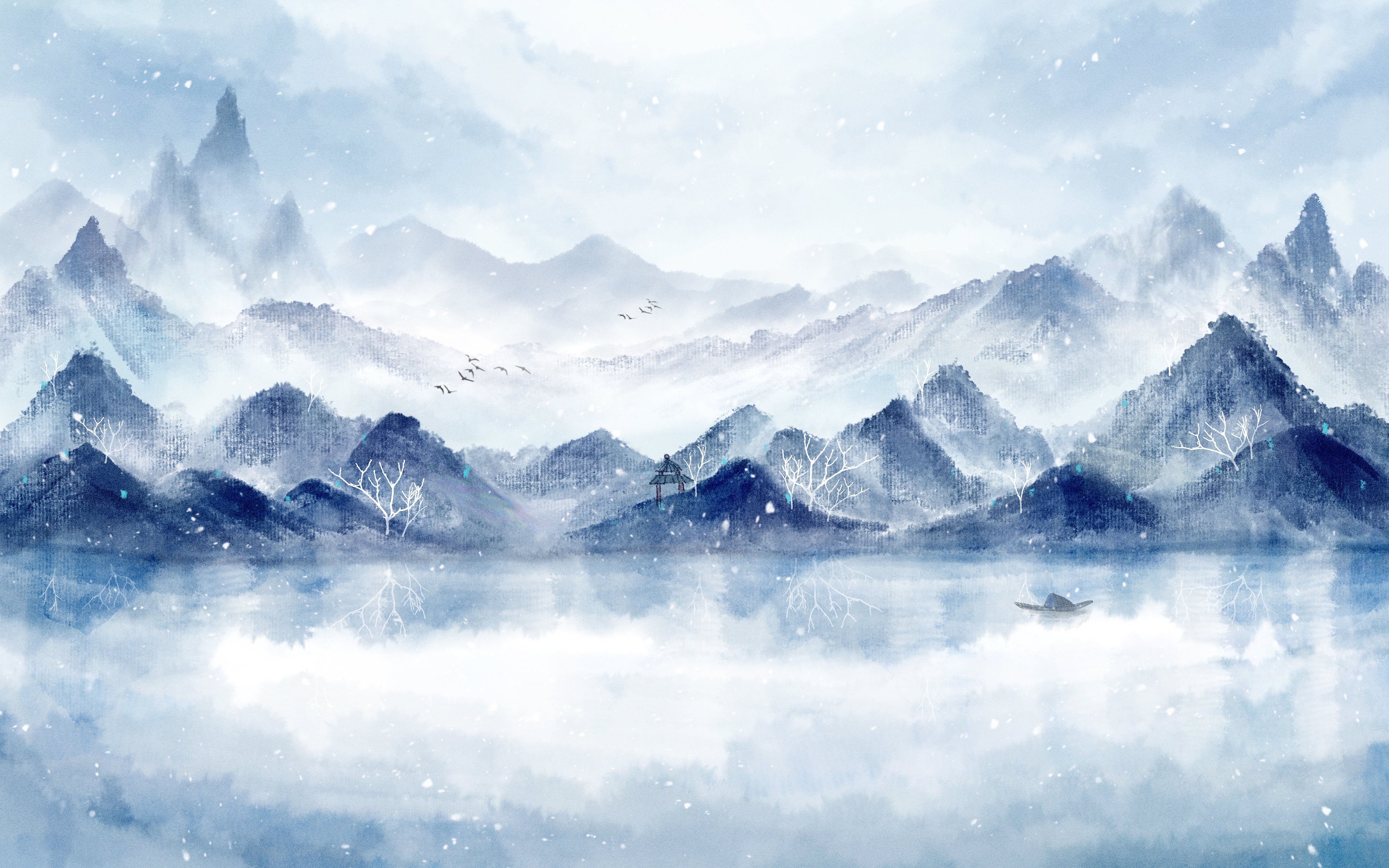 冬天雪景风景场景插画大雪小雪横版冬季素材2