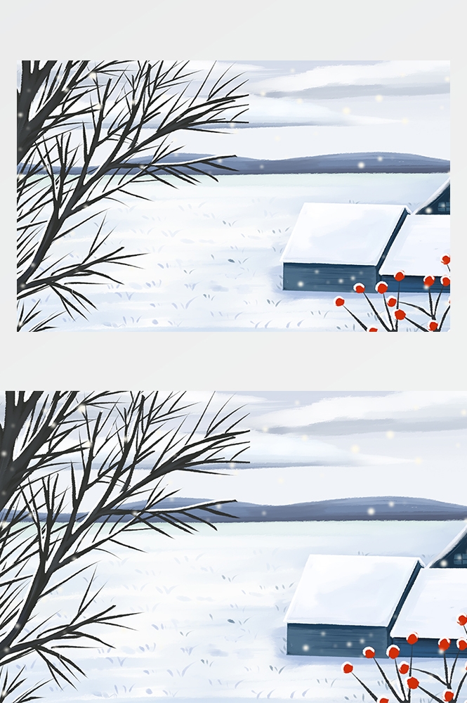 冬天雪景风景场景插画大雪小雪横版冬季素材13
