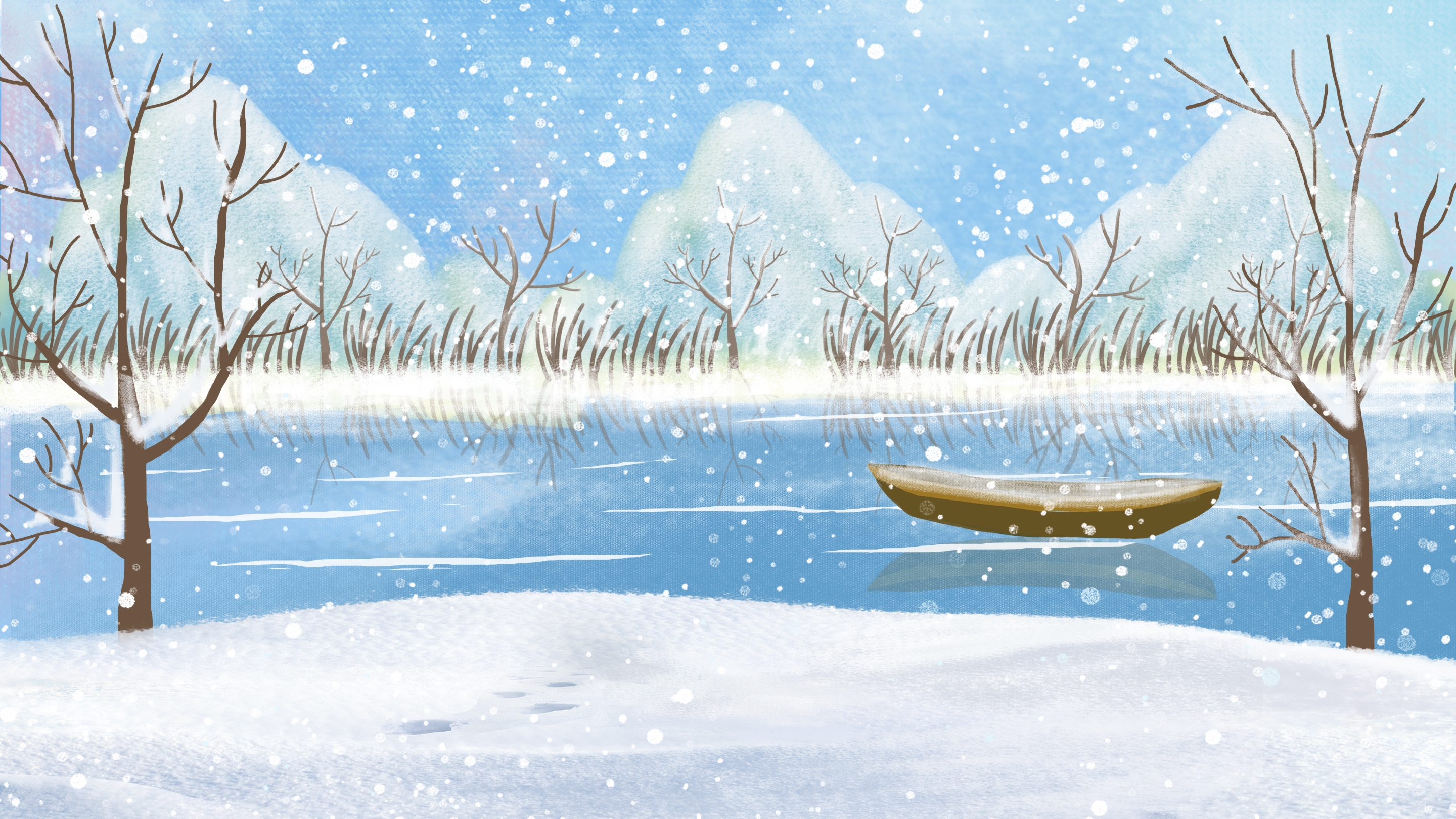 冬天雪景风景场景插画大雪小雪横版冬季素材15