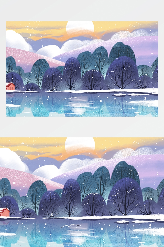 冬天雪景风景场景插画大雪小雪横版冬季素材23