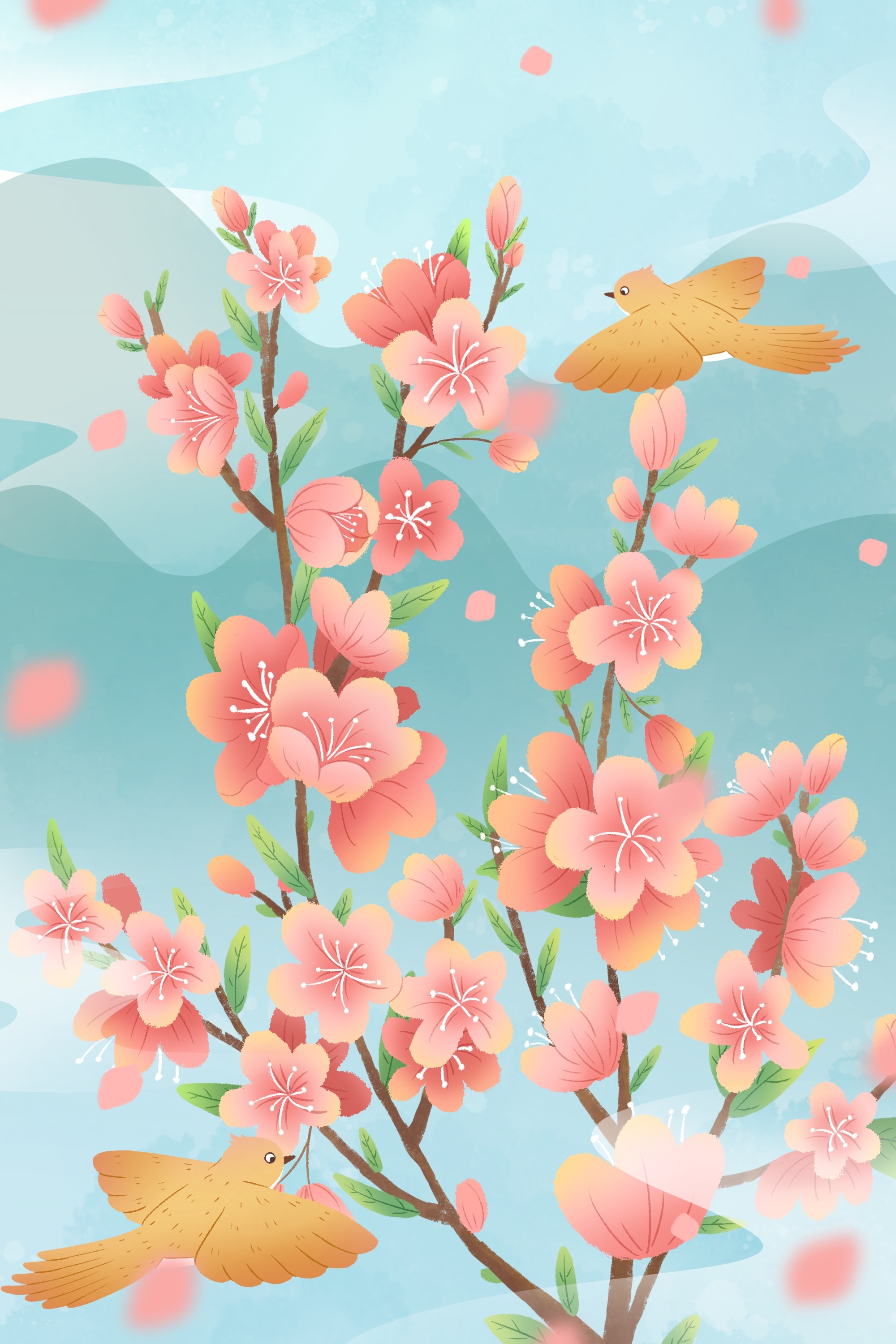 竖版唯美樱花桃花插画素材35