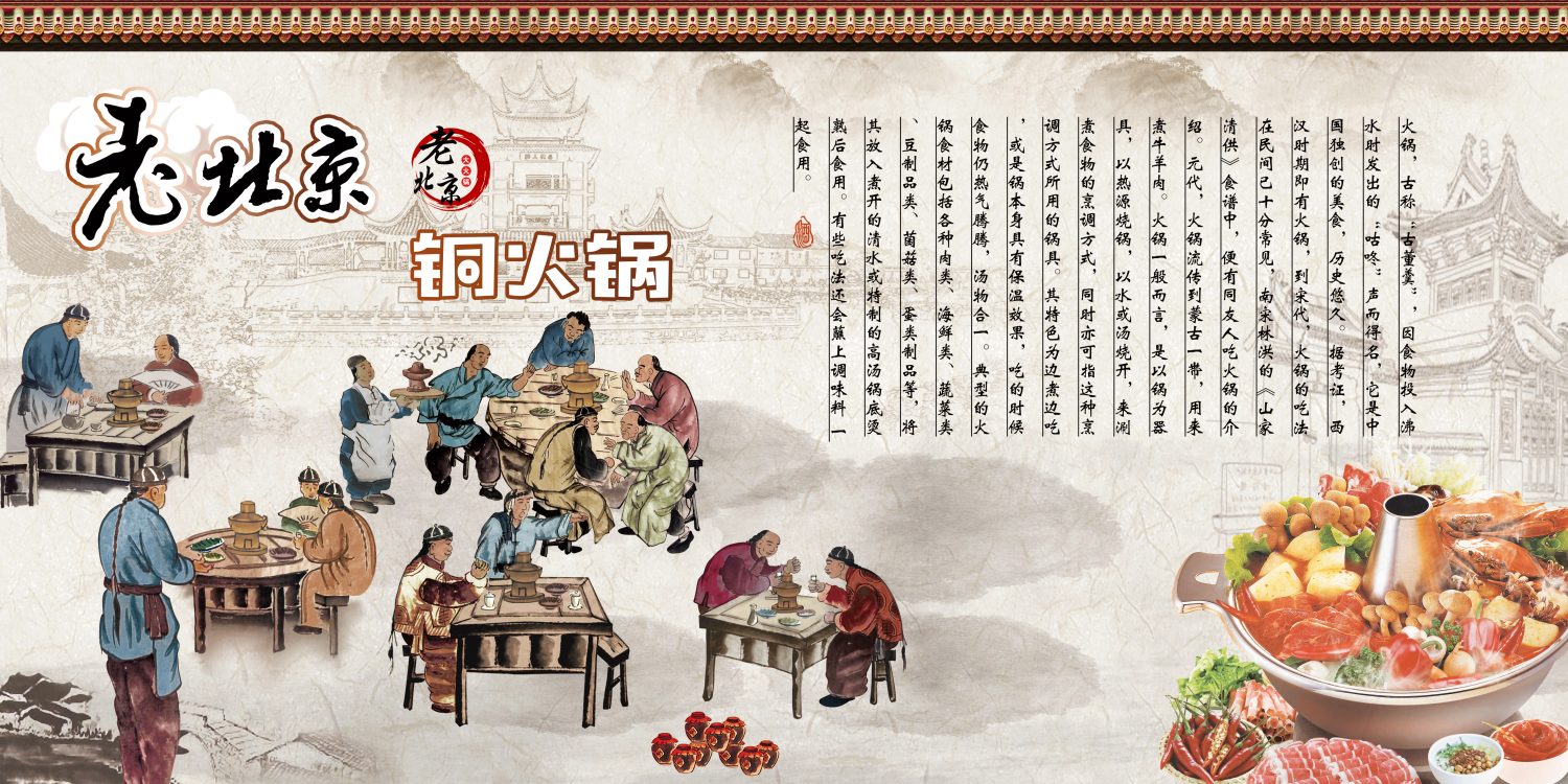 饭店复古老北京铜火锅壁画背景文化墙绘素材模板20