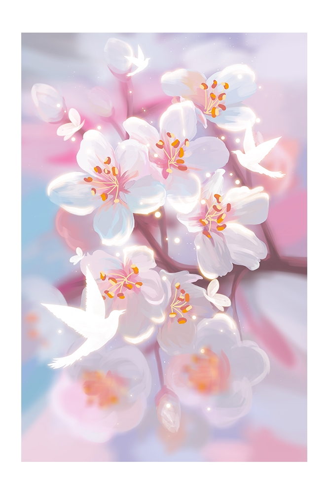 竖版唯美樱花桃花插画素材1