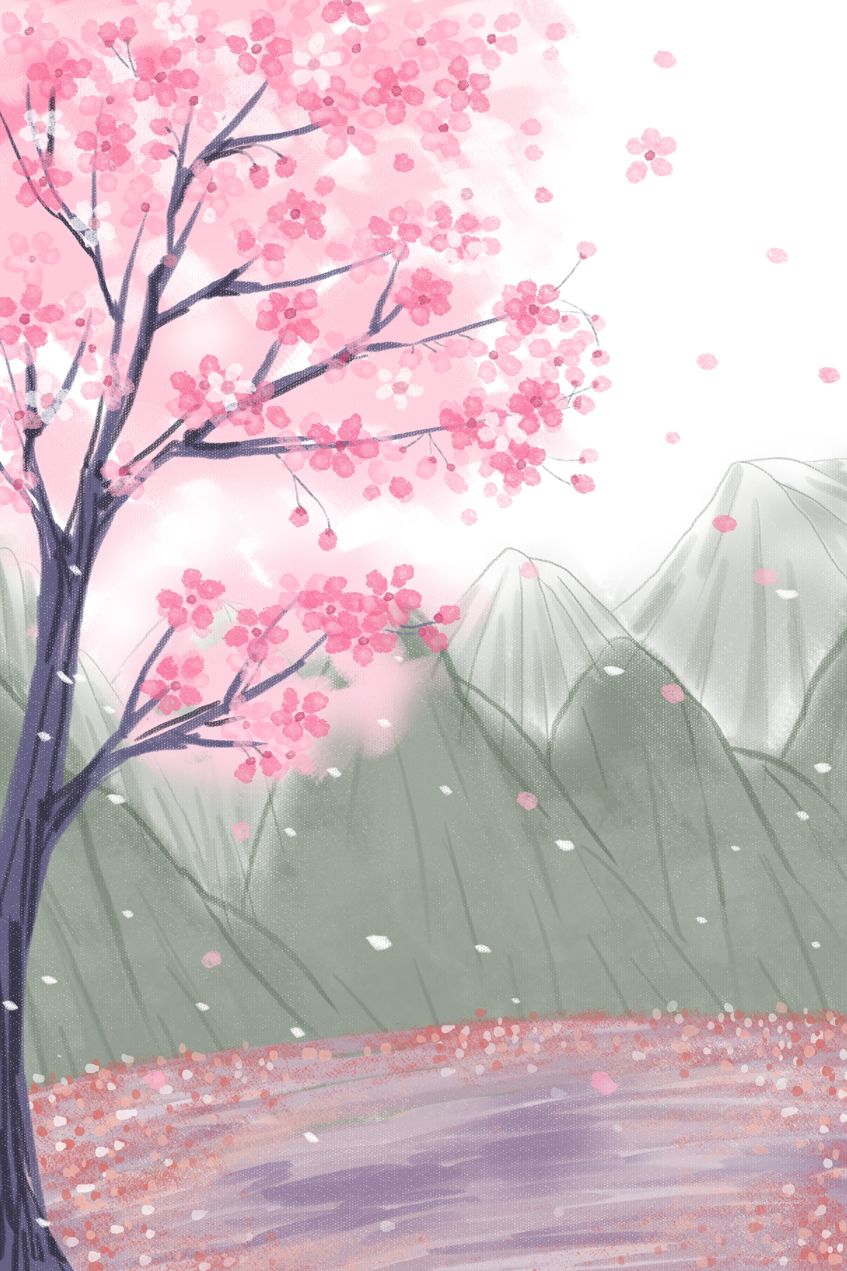 竖版唯美樱花桃花插画素材33