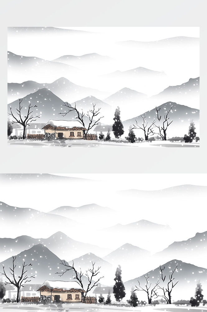 冬天雪景风景场景插画大雪小雪横版冬季素材28