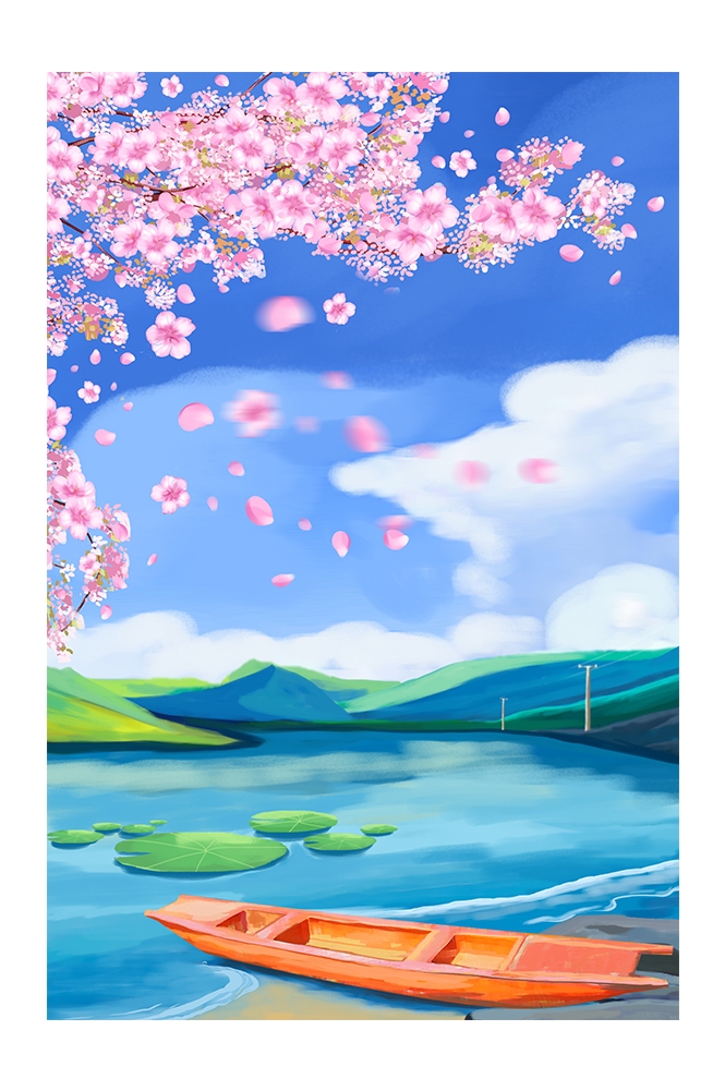 竖版唯美樱花桃花插画素材27