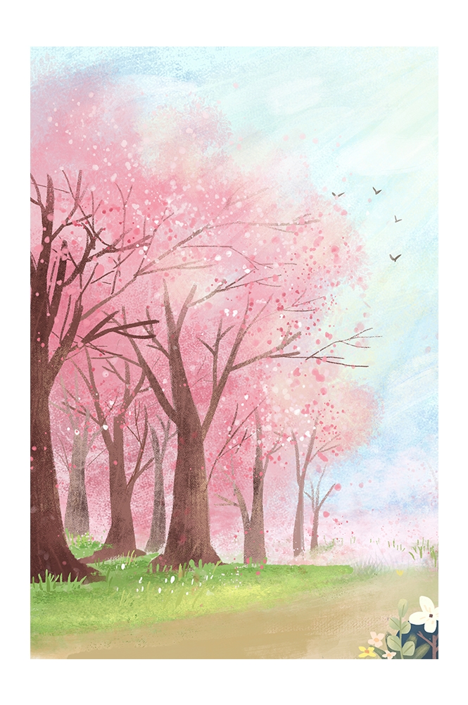 竖版唯美樱花桃花插画素材37