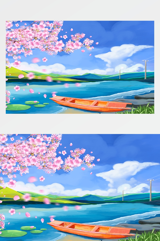 横版唯美樱花桃花插画素材22