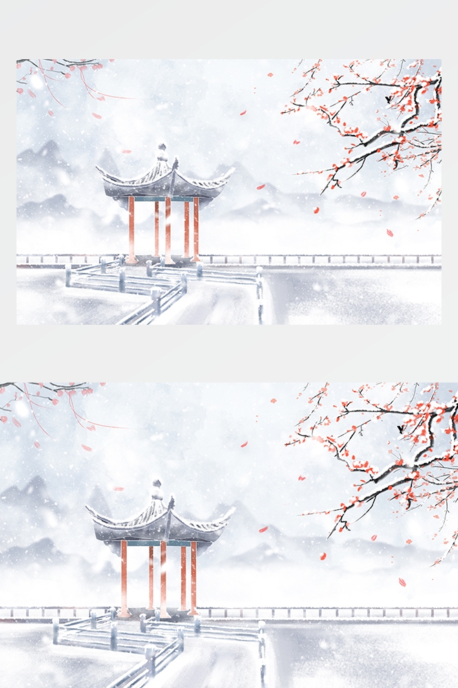 冬天雪景风景场景插画大雪小雪横版冬季素材8