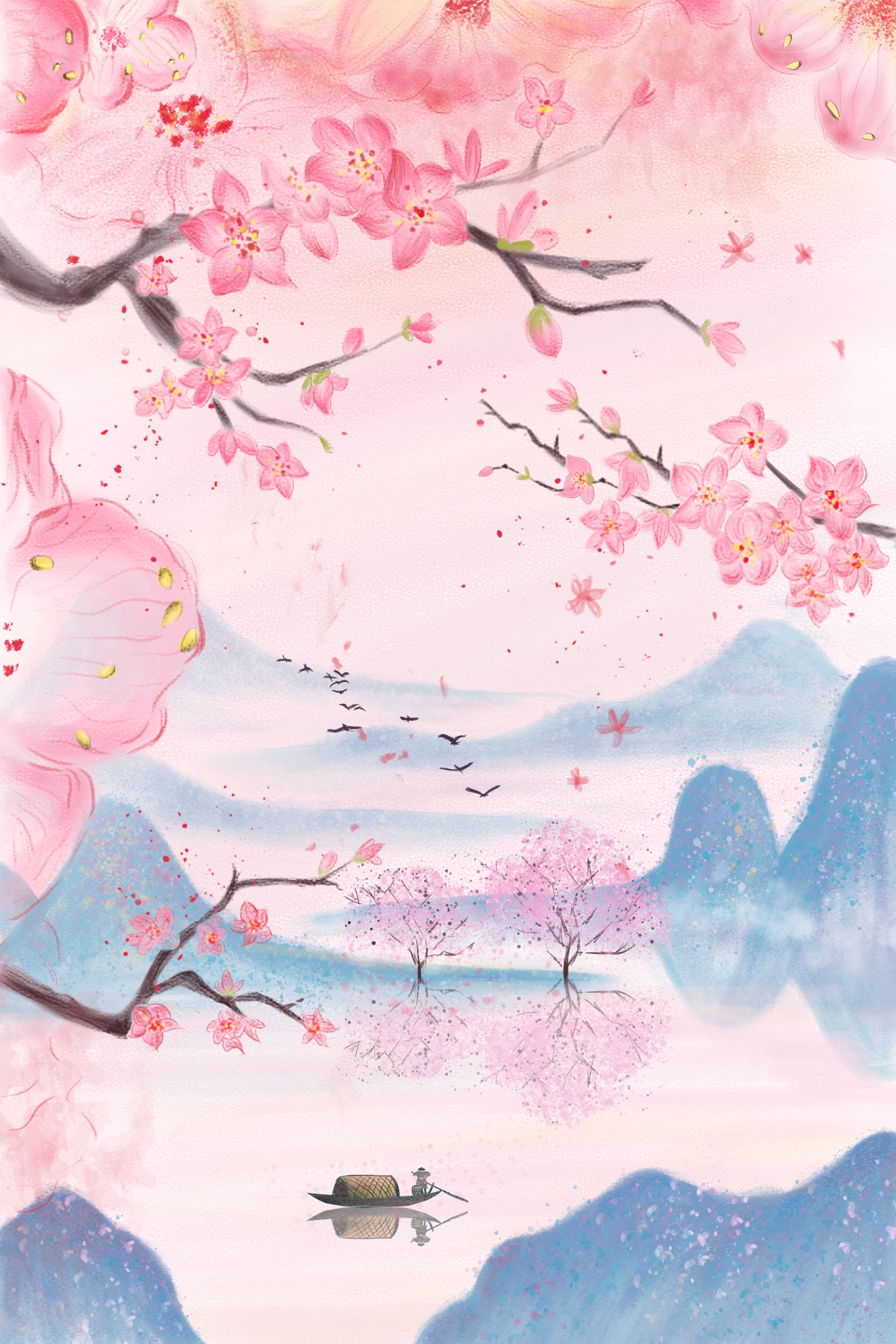竖版唯美樱花桃花插画素材6