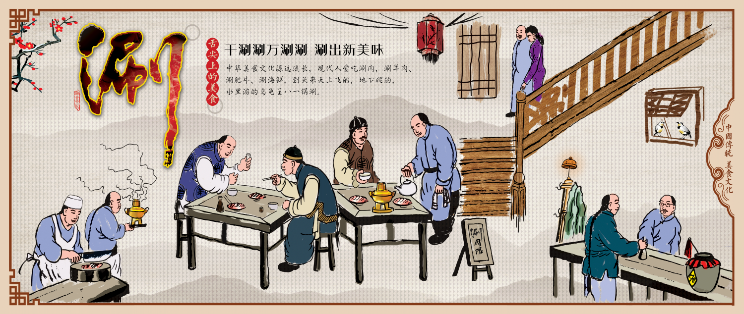 饭店复古老北京铜火锅壁画背景文化墙绘素材模板16