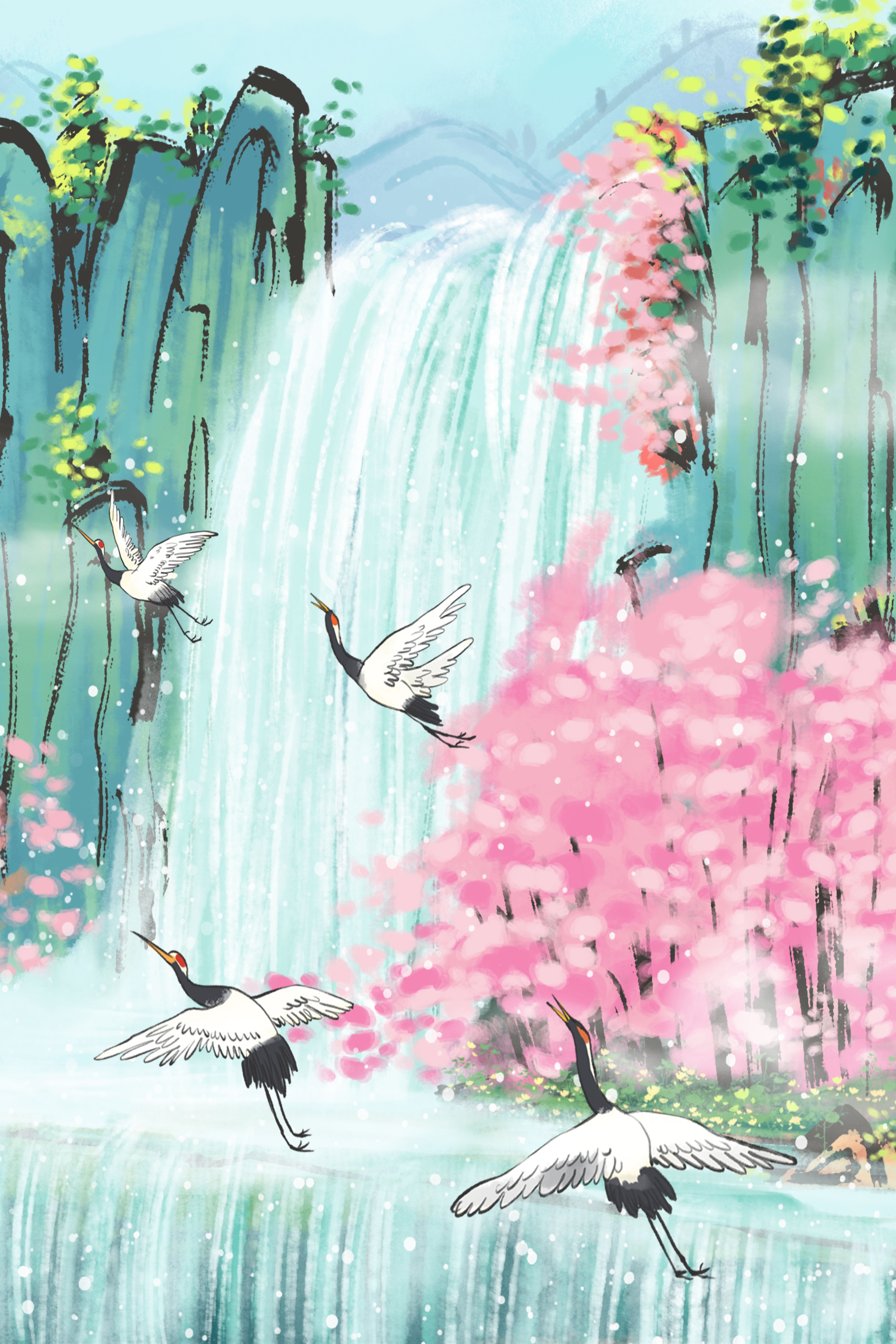 竖版唯美樱花桃花插画素材34
