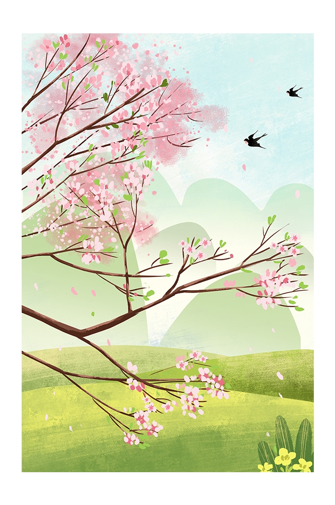 竖版唯美樱花桃花插画素材9