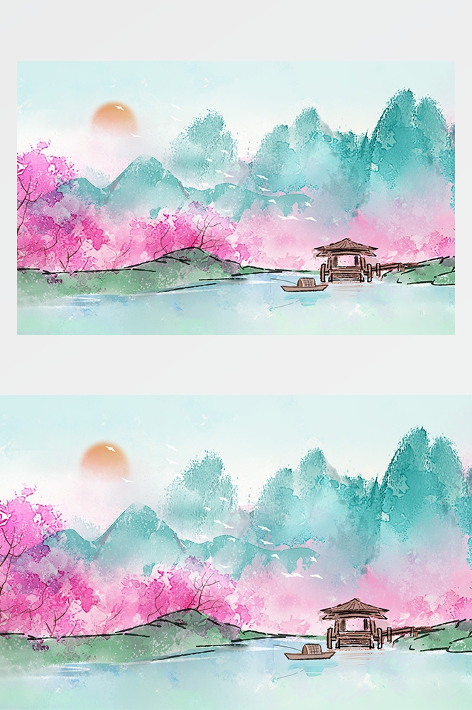 横版唯美樱花桃花插画素材12