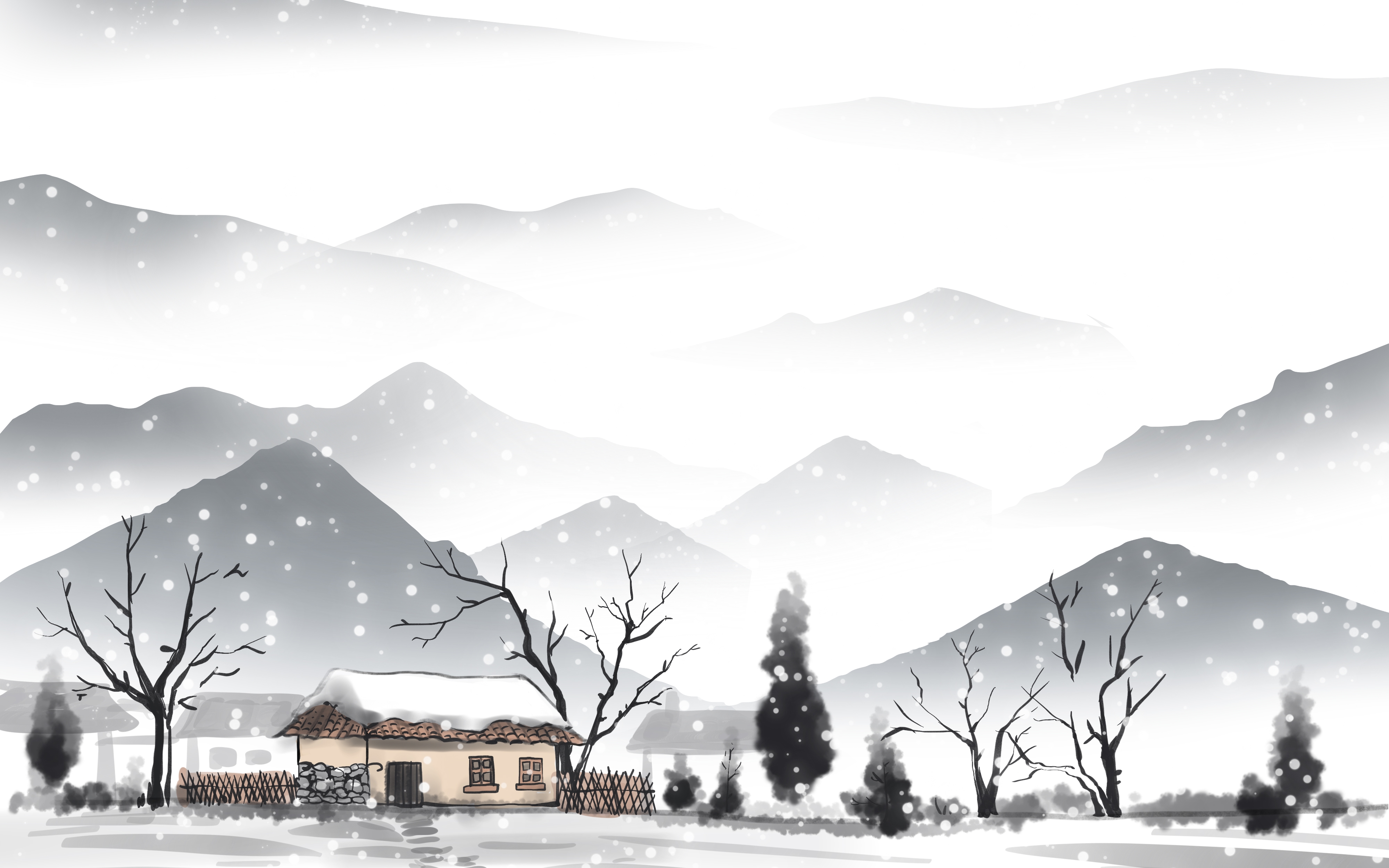 冬天雪景风景场景插画大雪小雪横版冬季素材28