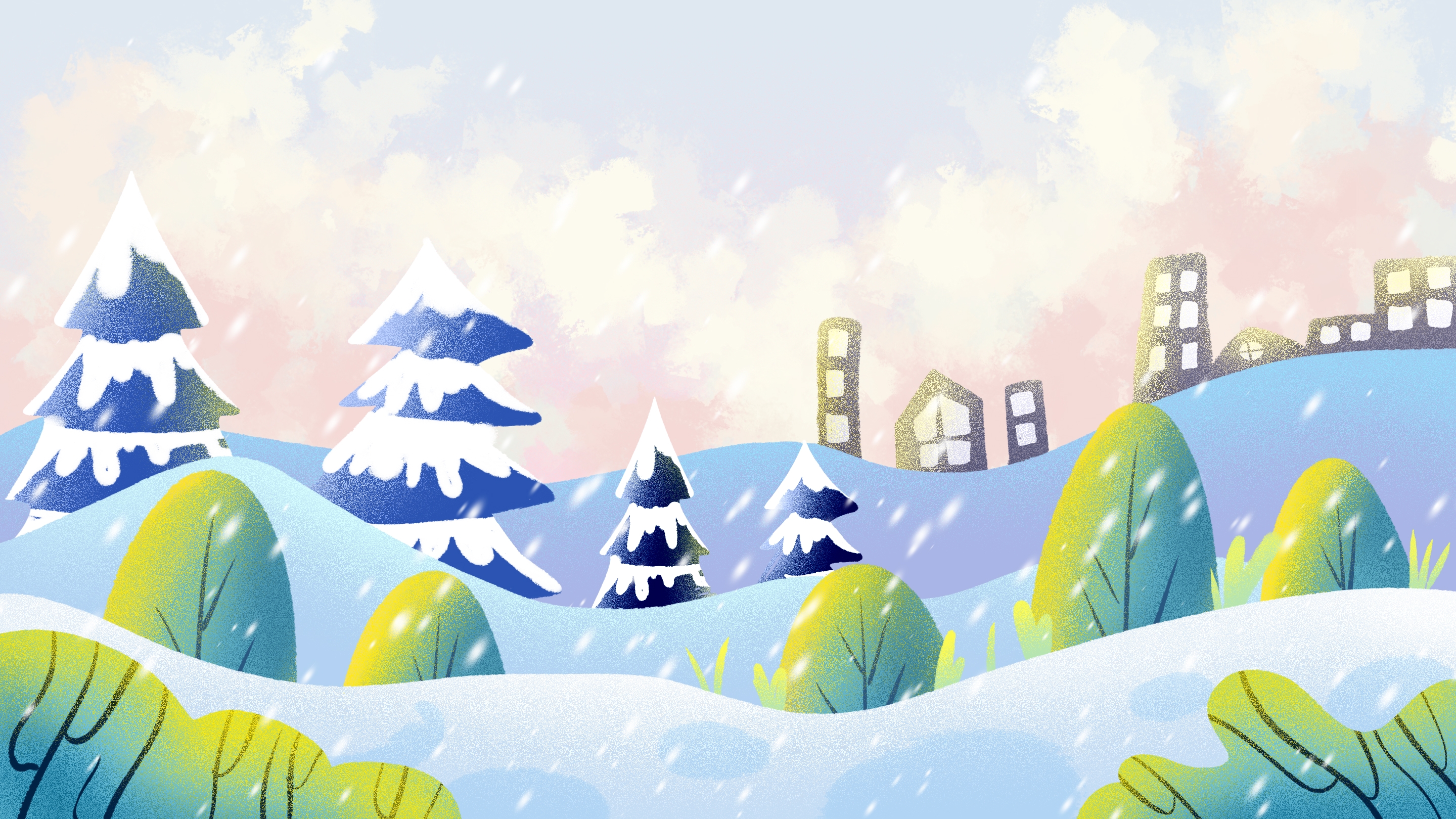 冬天雪景风景场景插画大雪小雪横版冬季素材10