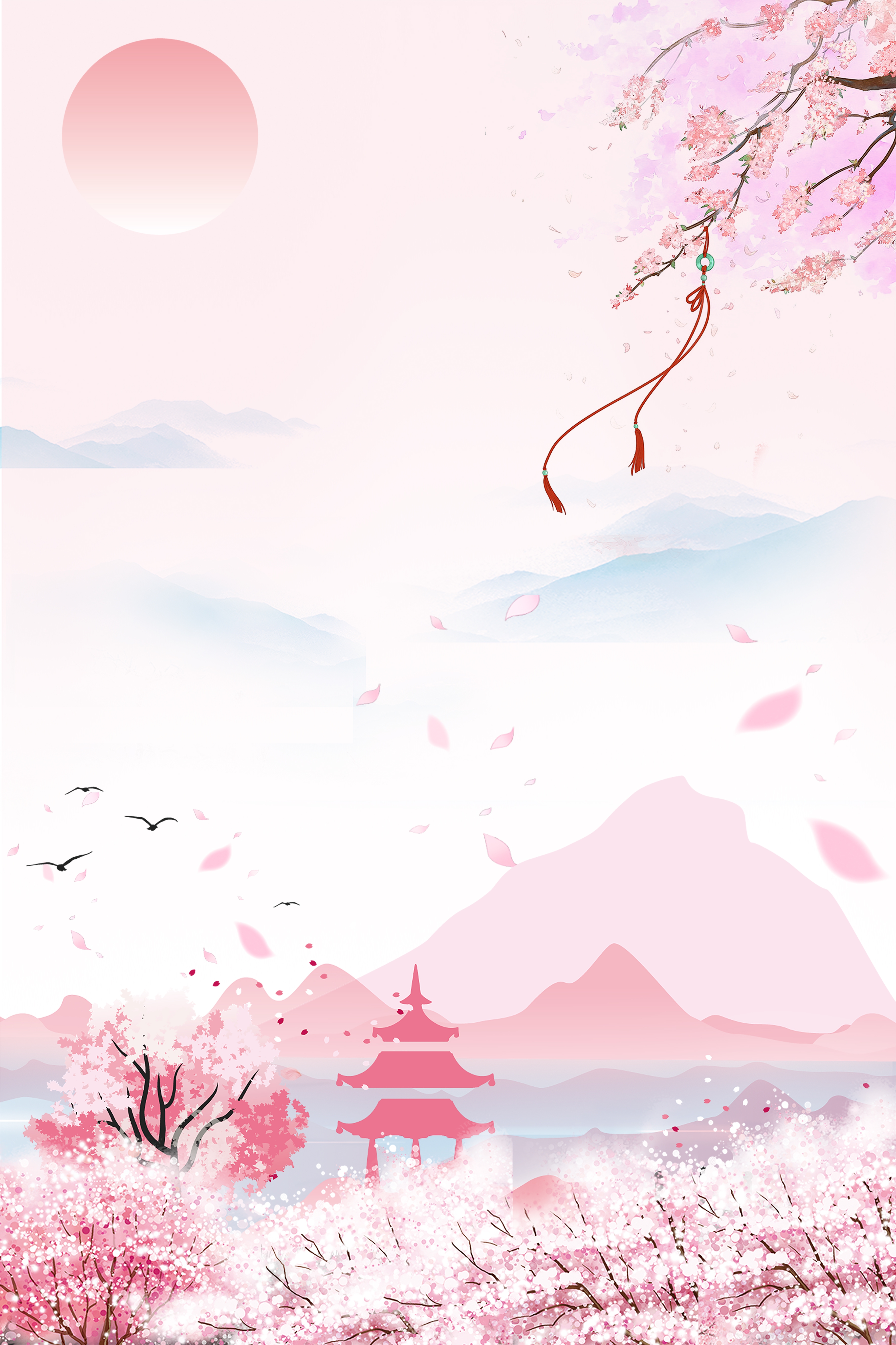竖版唯美樱花桃花插画素材12