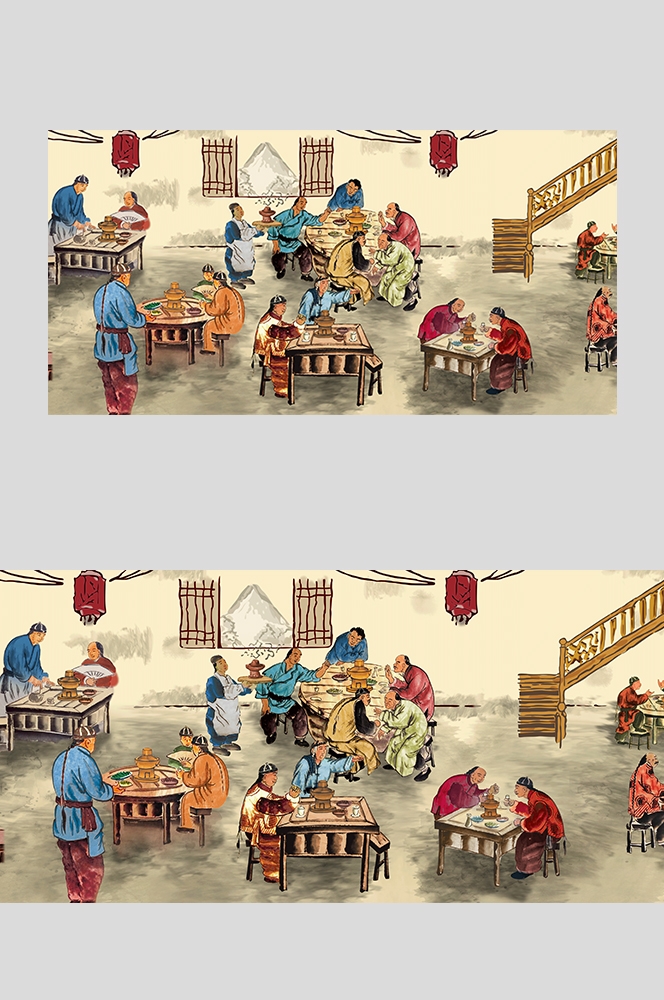 饭店复古老北京铜火锅壁画背景文化墙绘素材模板23