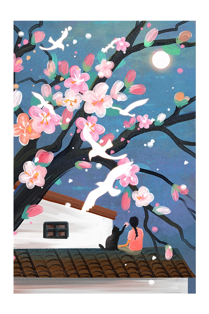 竖版唯美樱花桃花插画素材2