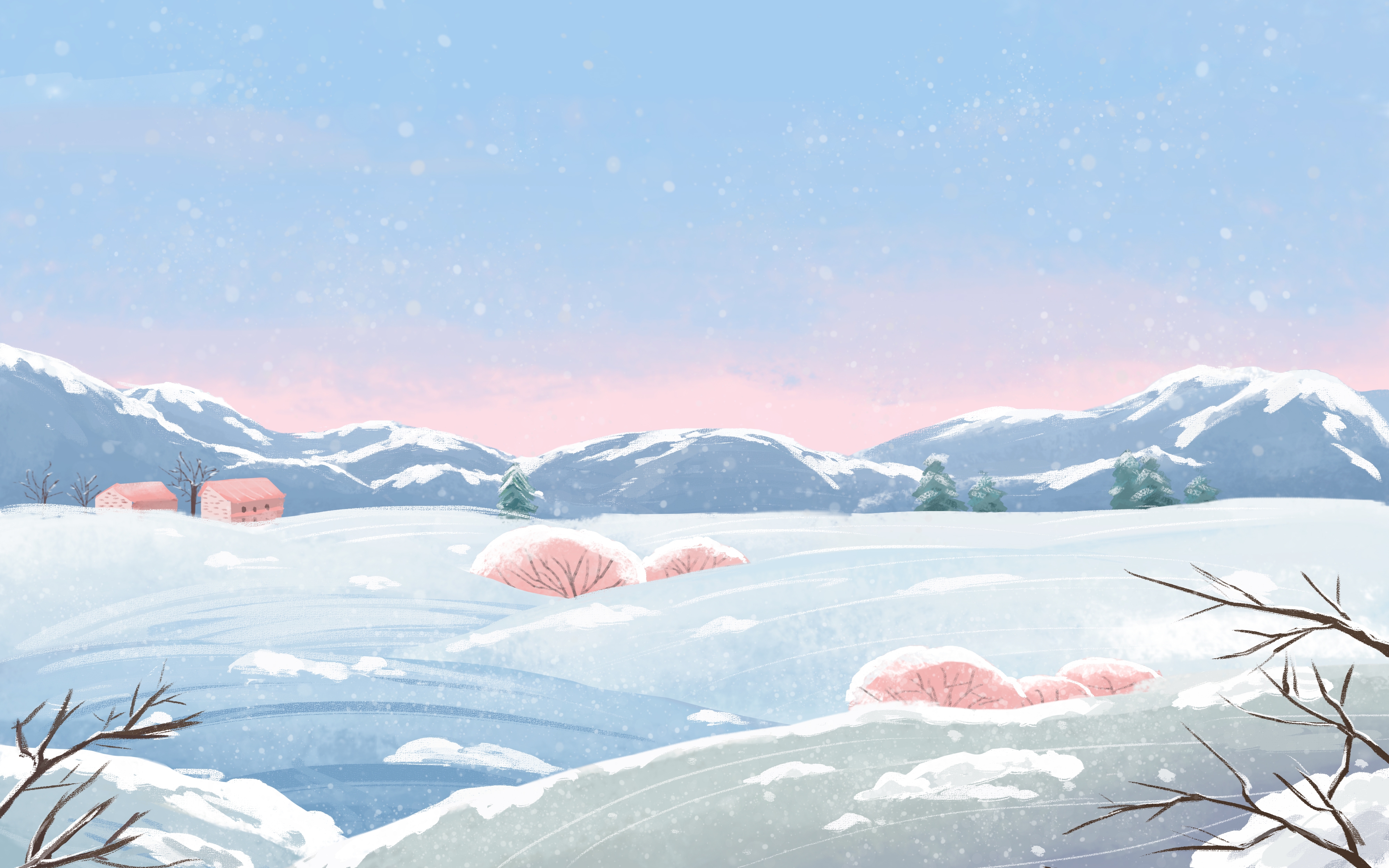冬天雪景风景场景插画大雪小雪横版冬季素材21