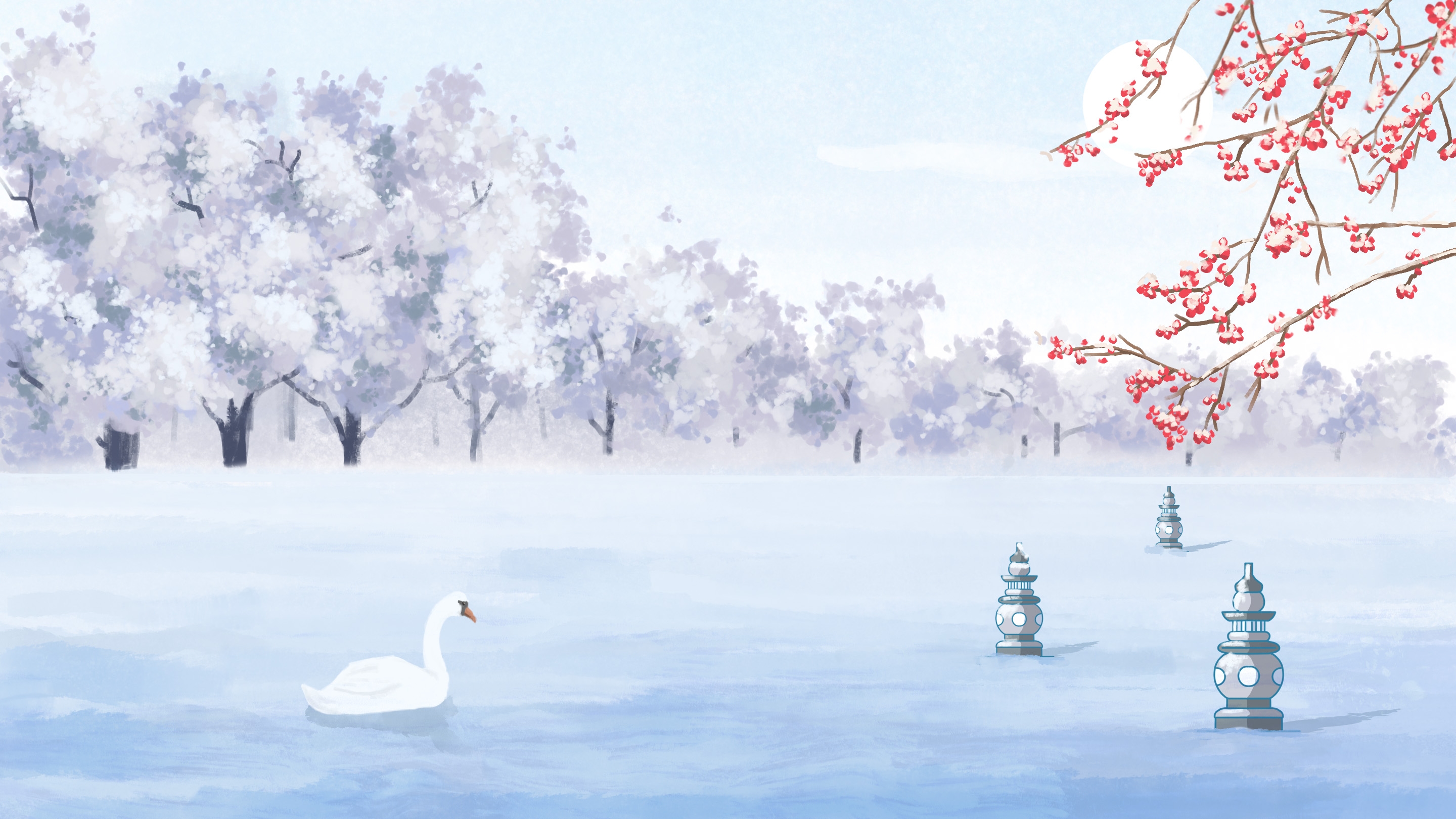 冬天雪景风景场景插画大雪小雪横版冬季素材19