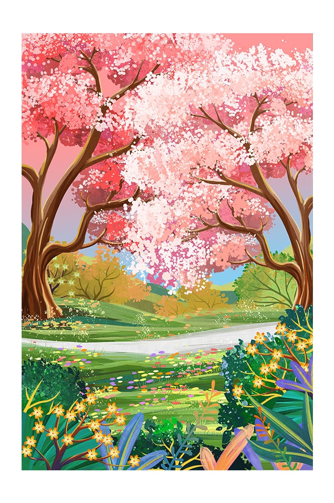 竖版唯美樱花桃花插画素材3