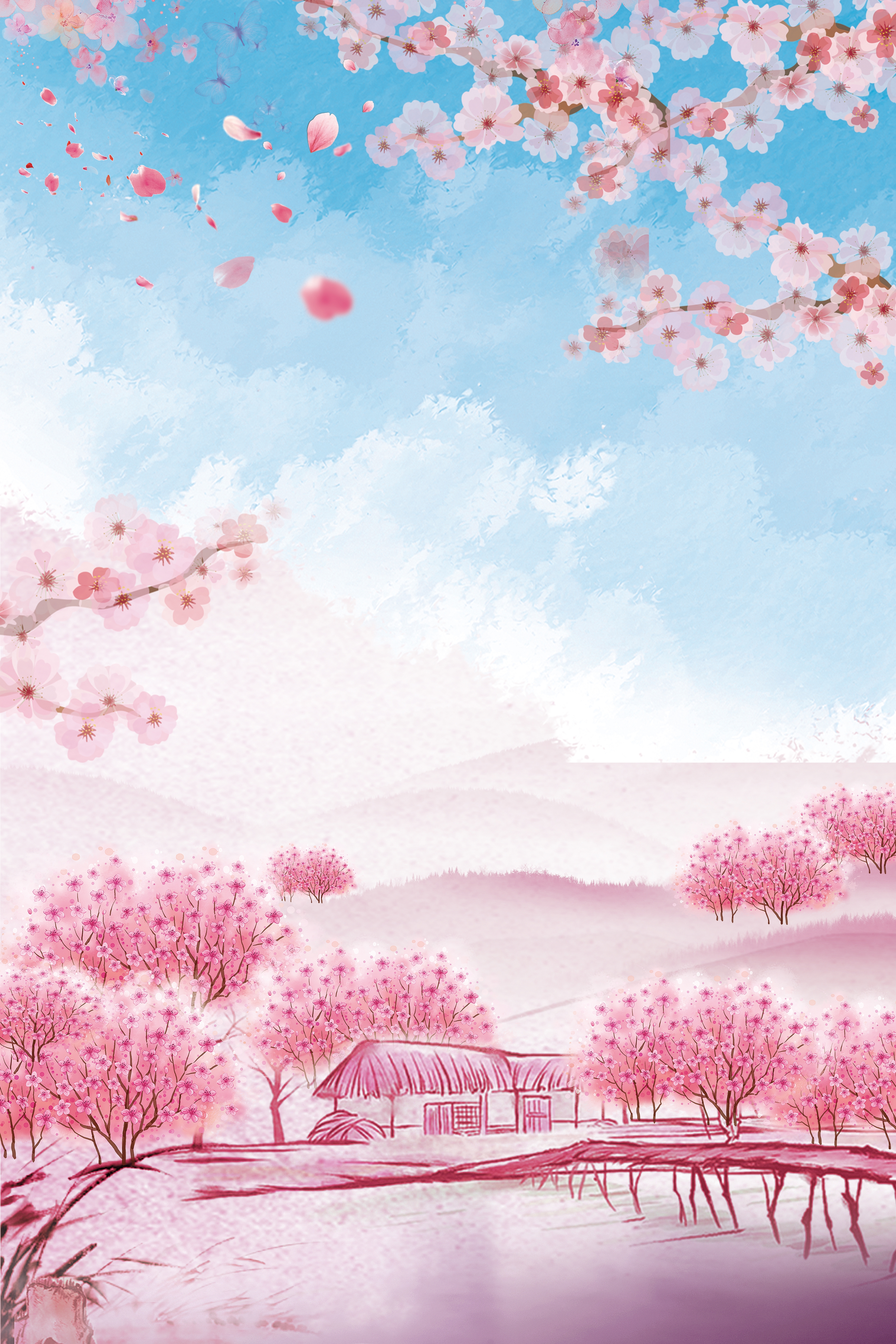 竖版唯美樱花桃花插画素材18