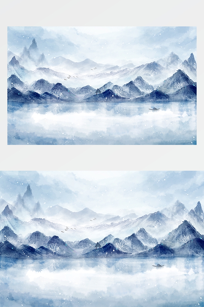 冬天雪景风景场景插画大雪小雪横版冬季素材2
