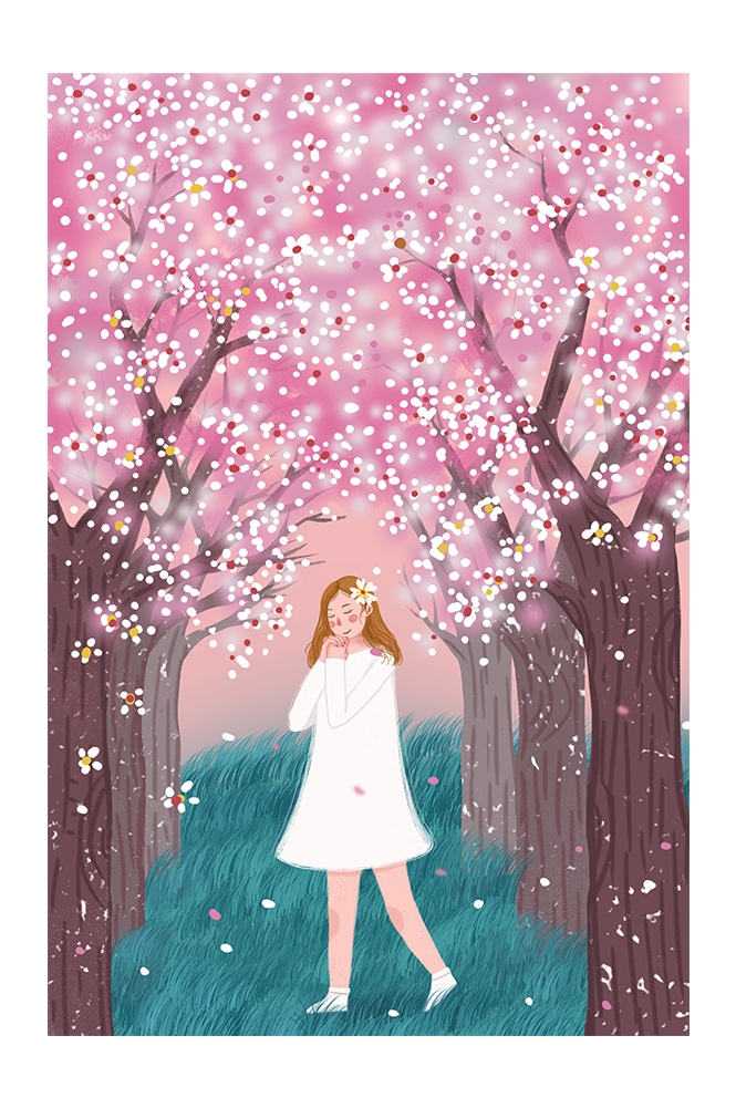竖版唯美樱花桃花插画素材17