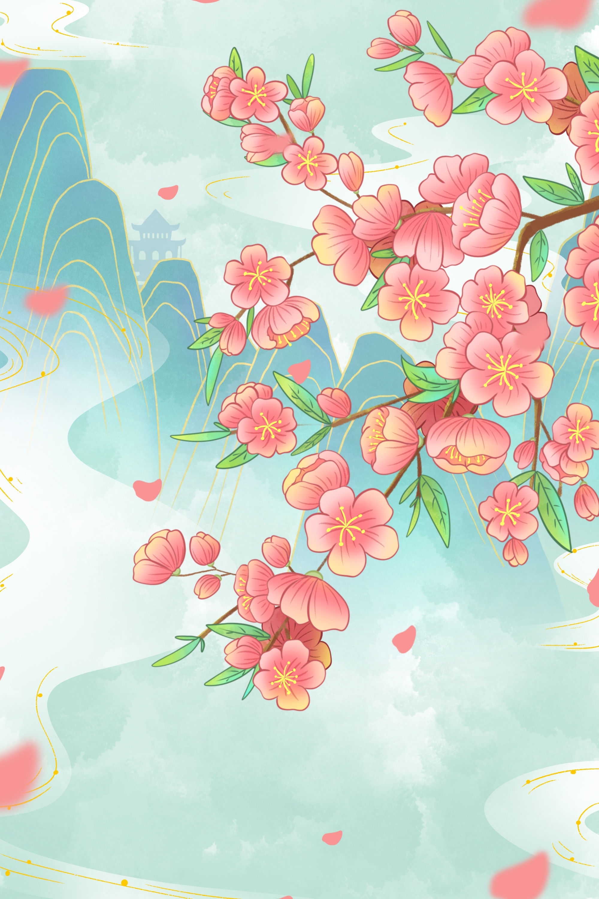 竖版唯美樱花桃花插画素材21