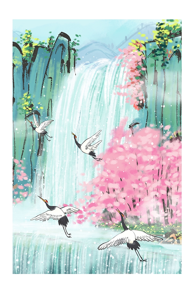 竖版唯美樱花桃花插画素材34
