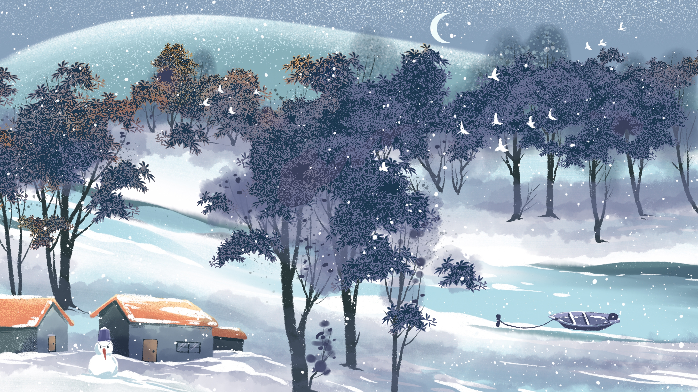 冬天雪景风景场景插画大雪小雪横版冬季素材24