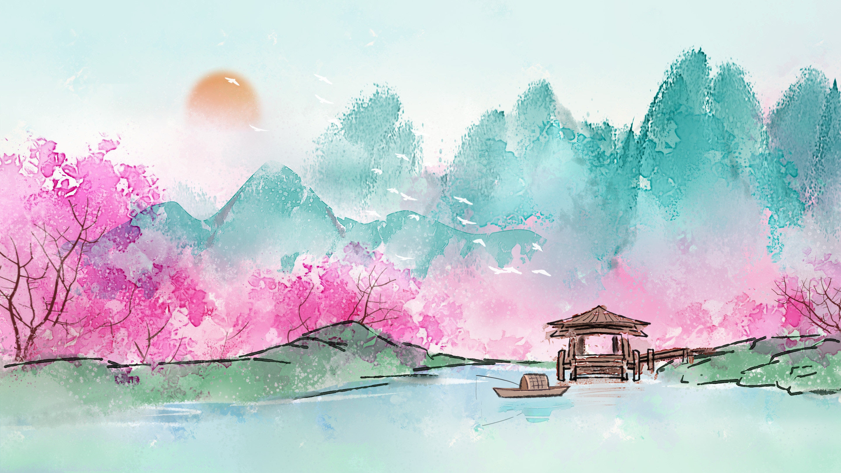 横版唯美樱花桃花插画素材12