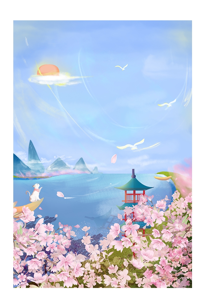竖版唯美樱花桃花插画素材25
