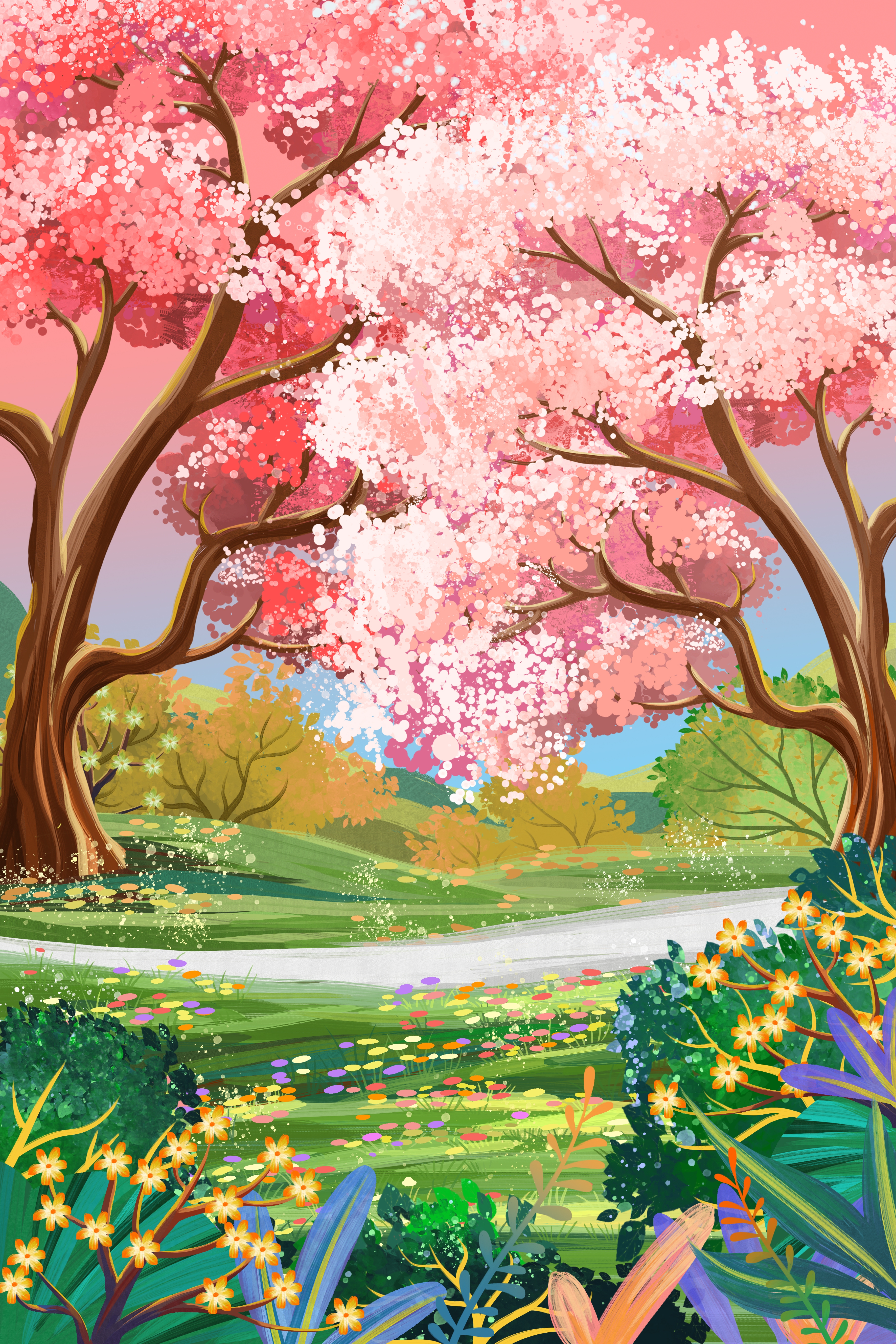 竖版唯美樱花桃花插画素材3