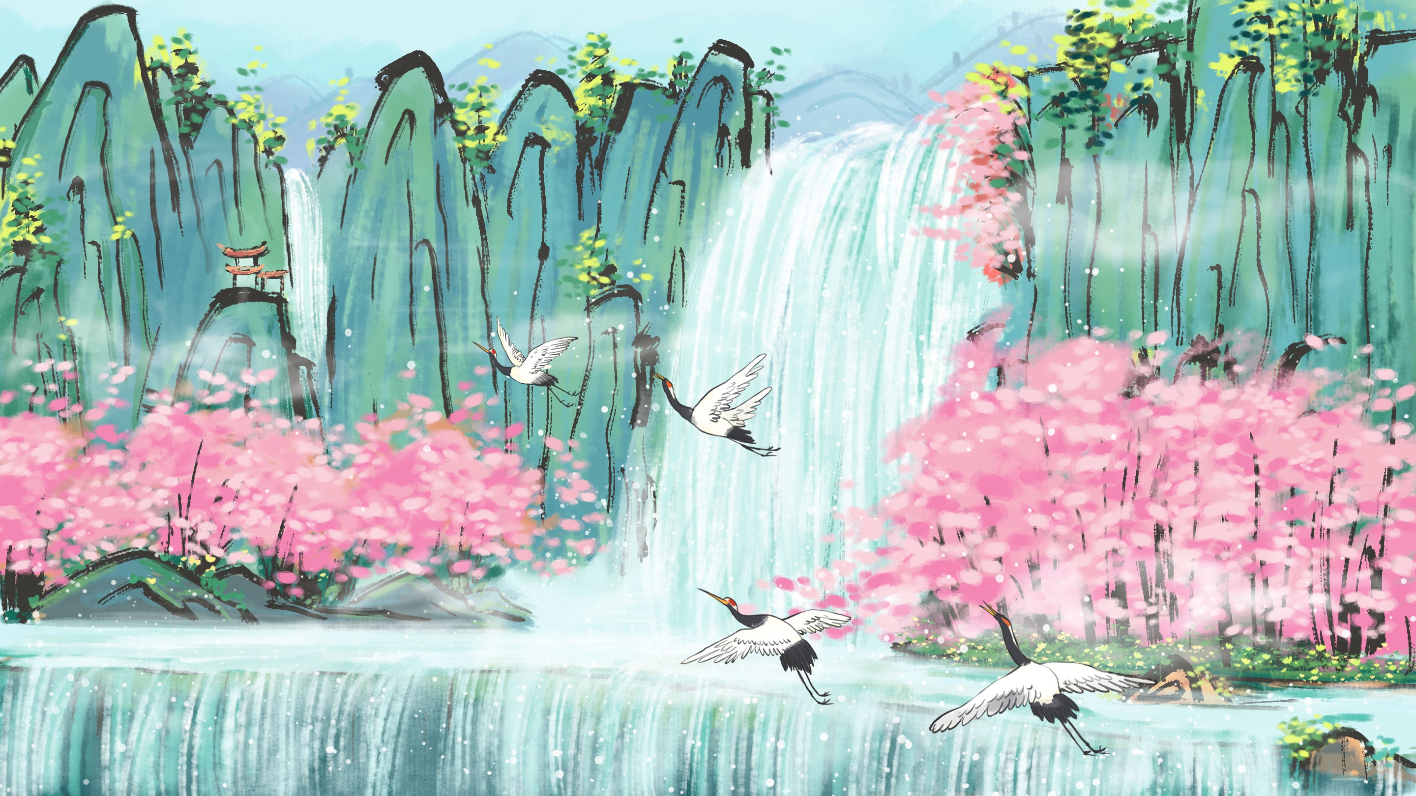 横版唯美樱花桃花插画素材4
