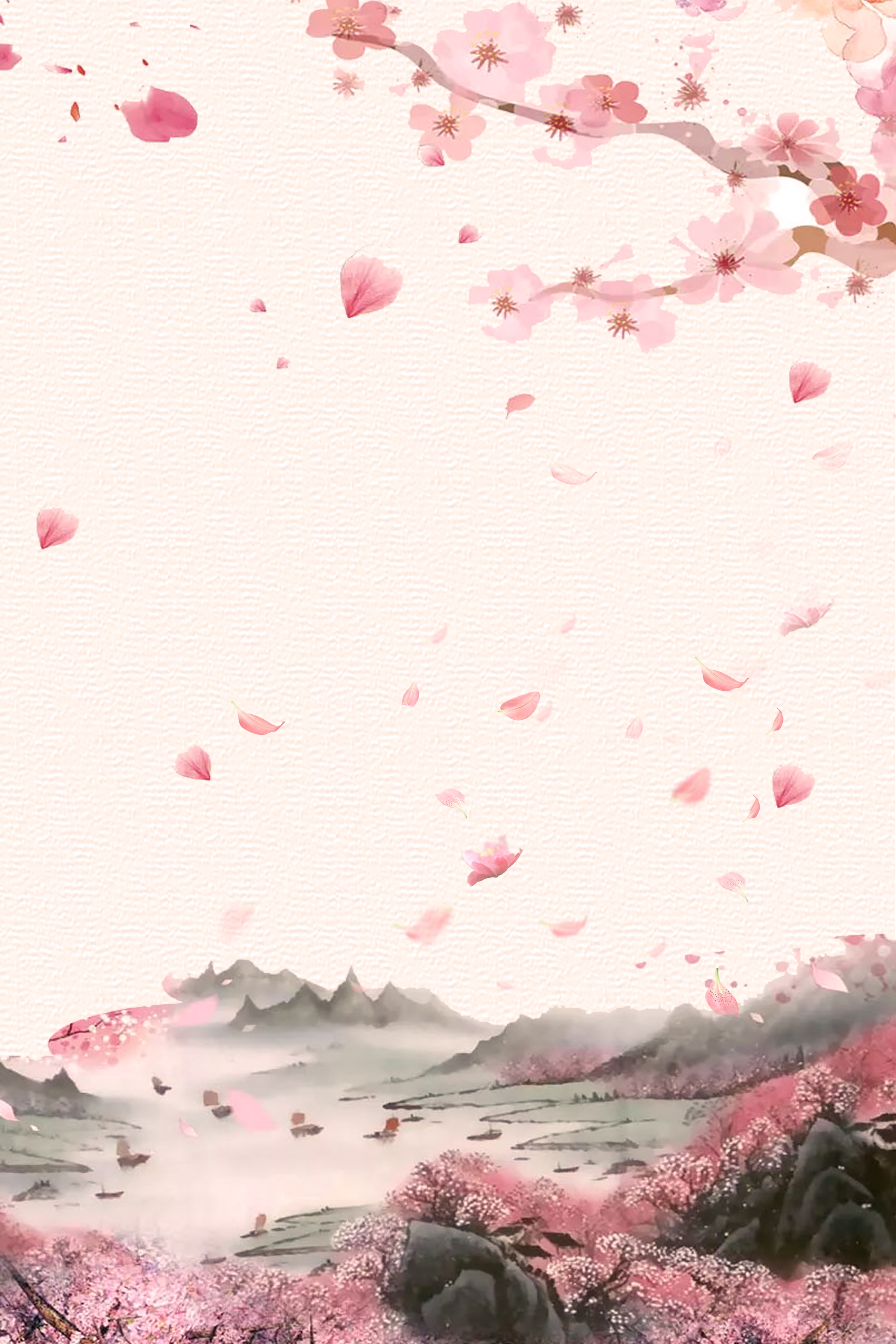 竖版唯美樱花桃花插画素材19