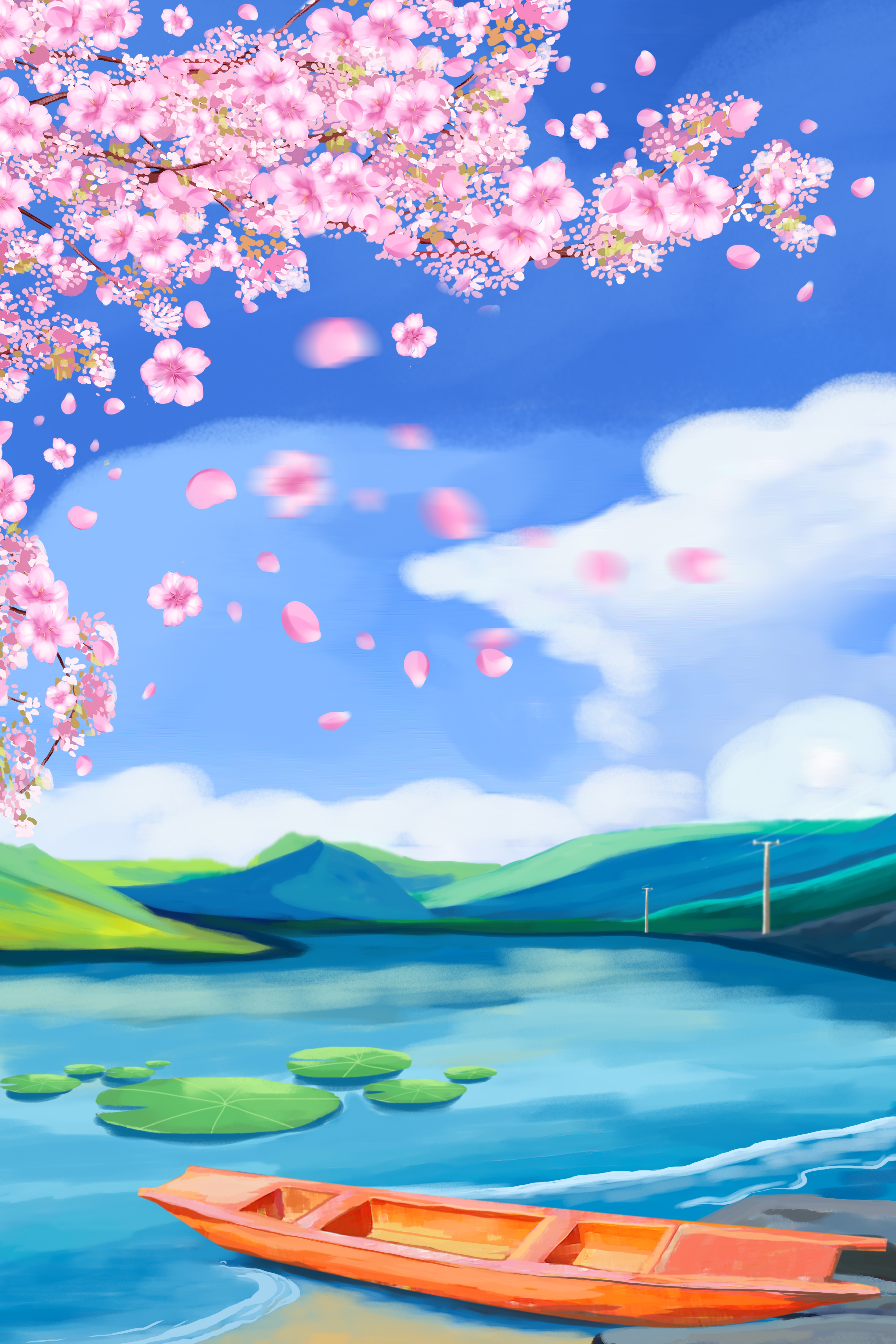 竖版唯美樱花桃花插画素材27