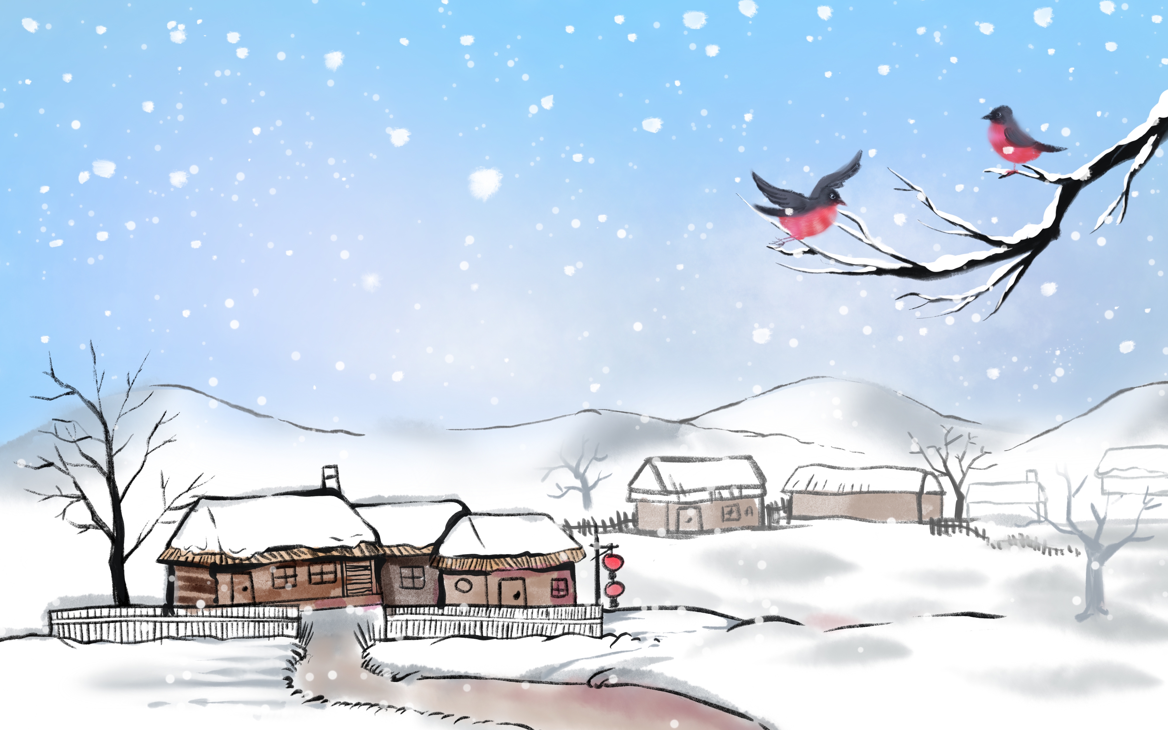 冬天雪景风景场景插画大雪小雪横版冬季素材26