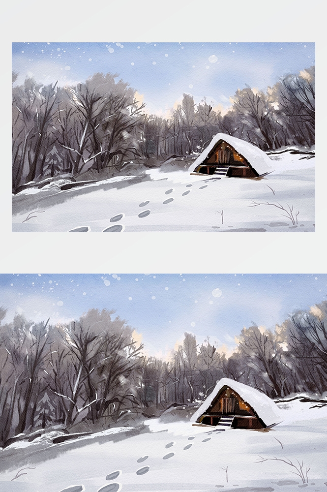 冬天雪景风景场景插画大雪小雪横版冬季素材25