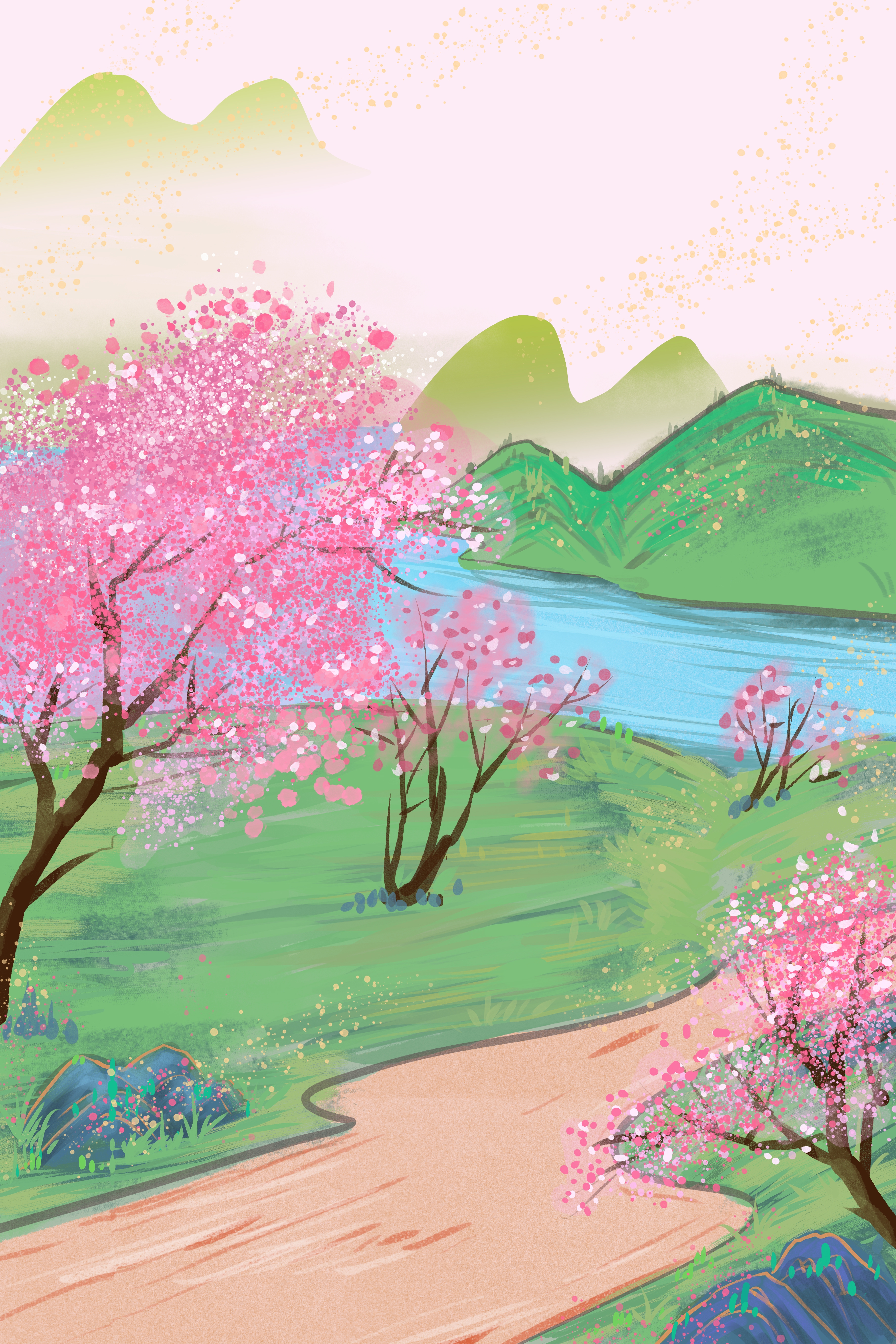 竖版唯美樱花桃花插画素材7