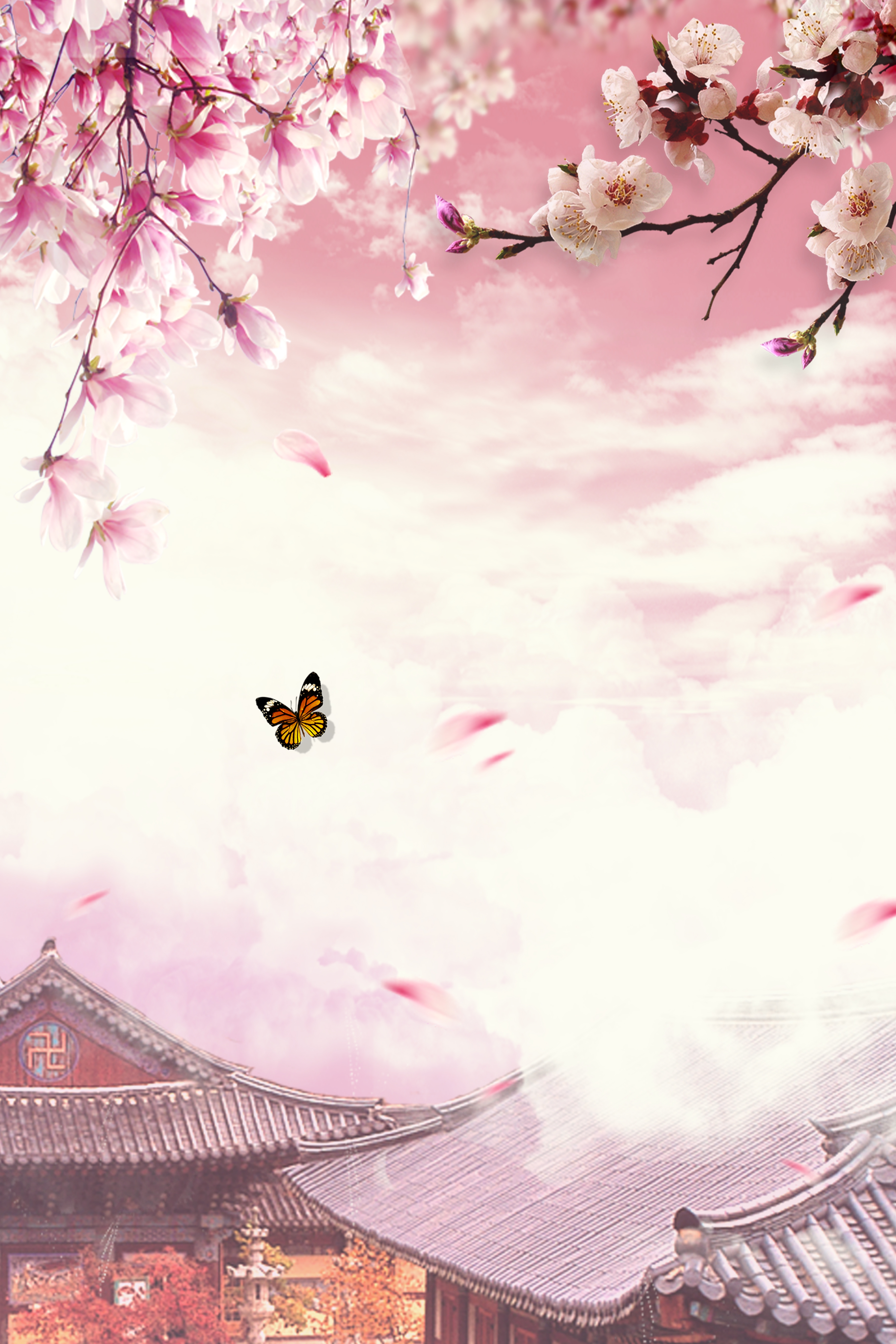 竖版唯美樱花桃花插画素材16