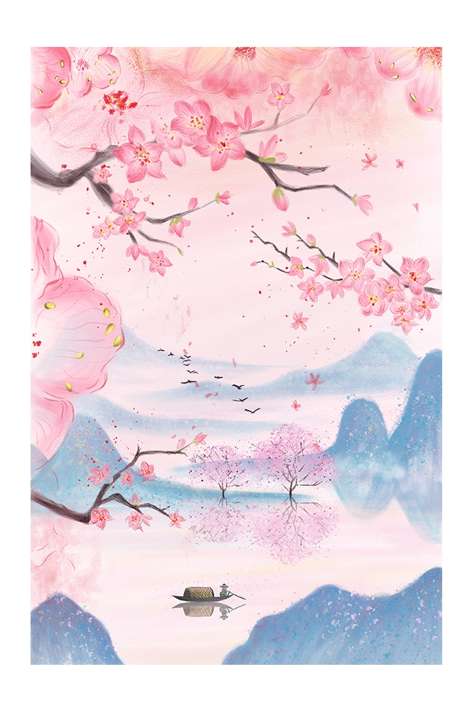 竖版唯美樱花桃花插画素材6