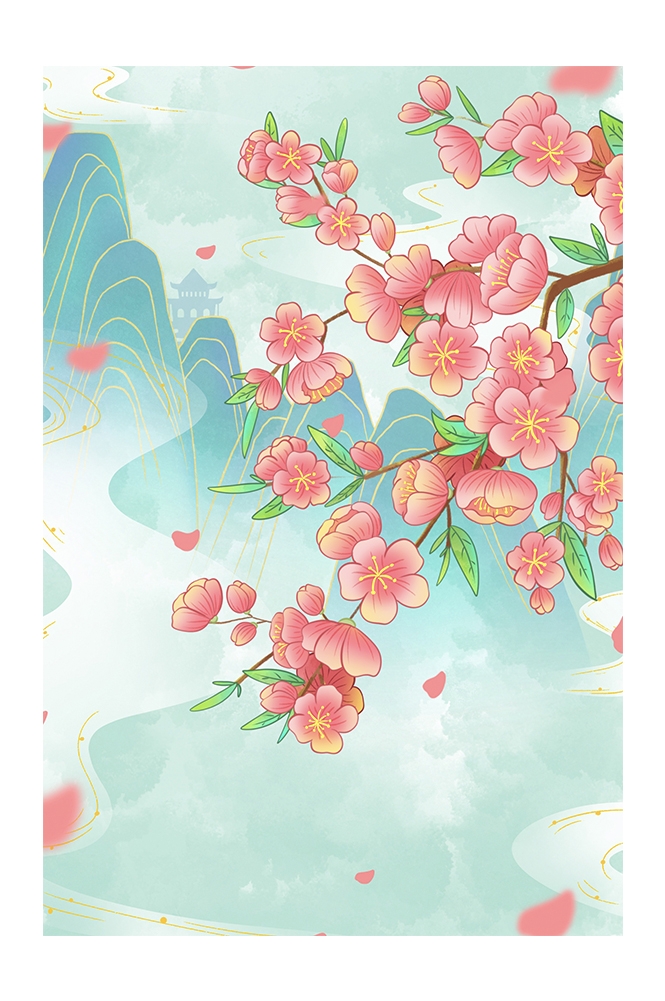 竖版唯美樱花桃花插画素材21