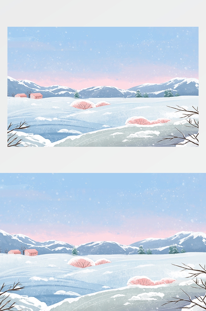冬天雪景风景场景插画大雪小雪横版冬季素材21