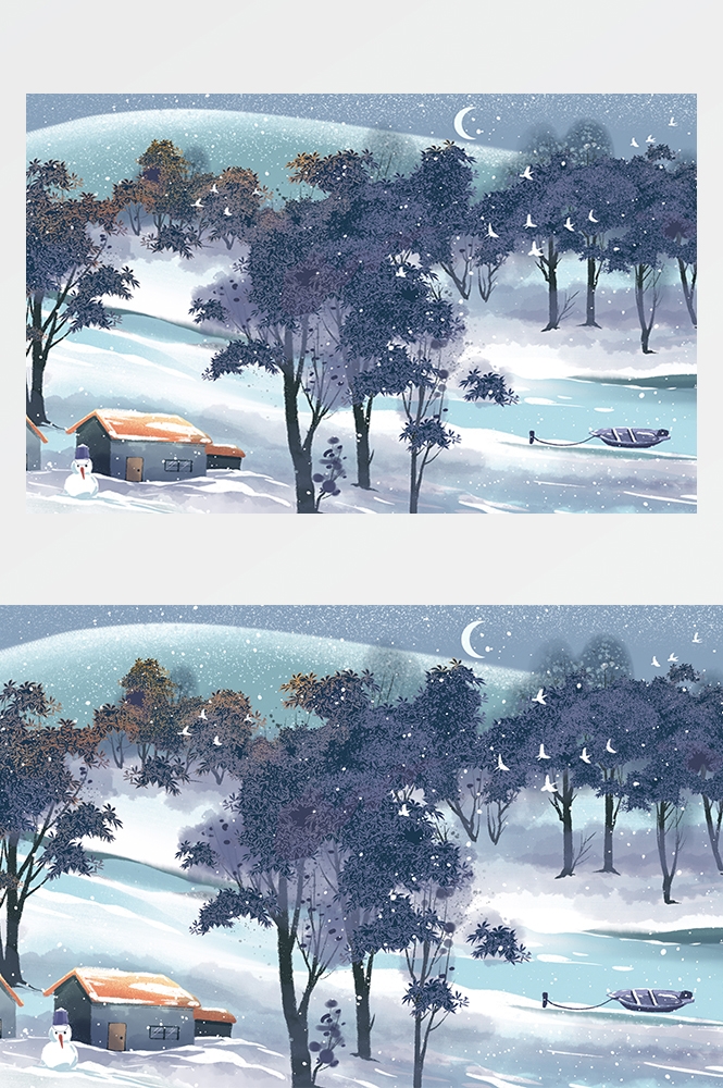 冬天雪景风景场景插画大雪小雪横版冬季素材24