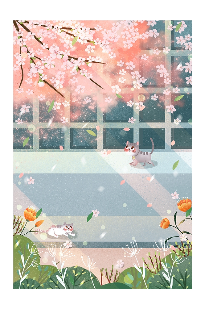 竖版唯美樱花桃花插画素材24