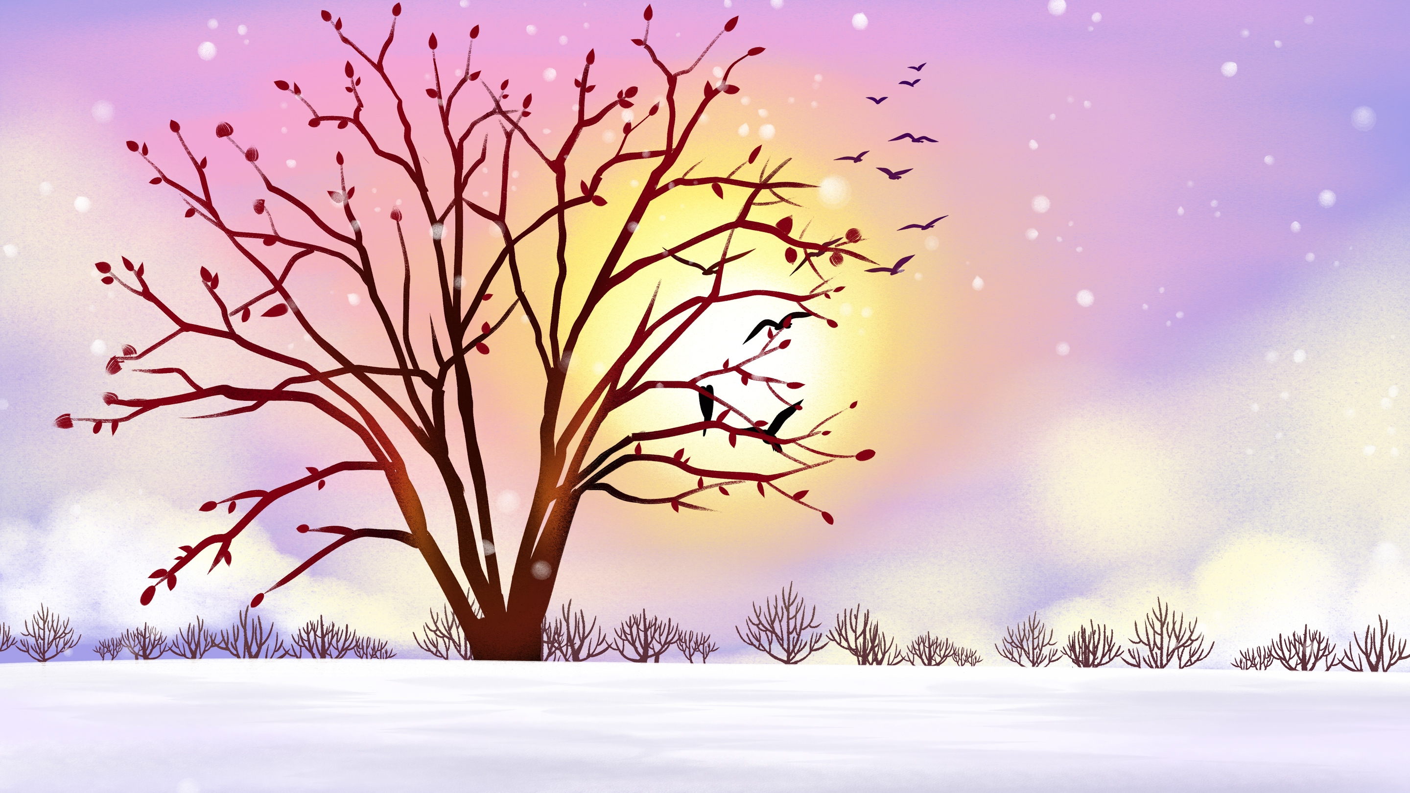 冬天雪景风景场景插画大雪小雪横版冬季素材27