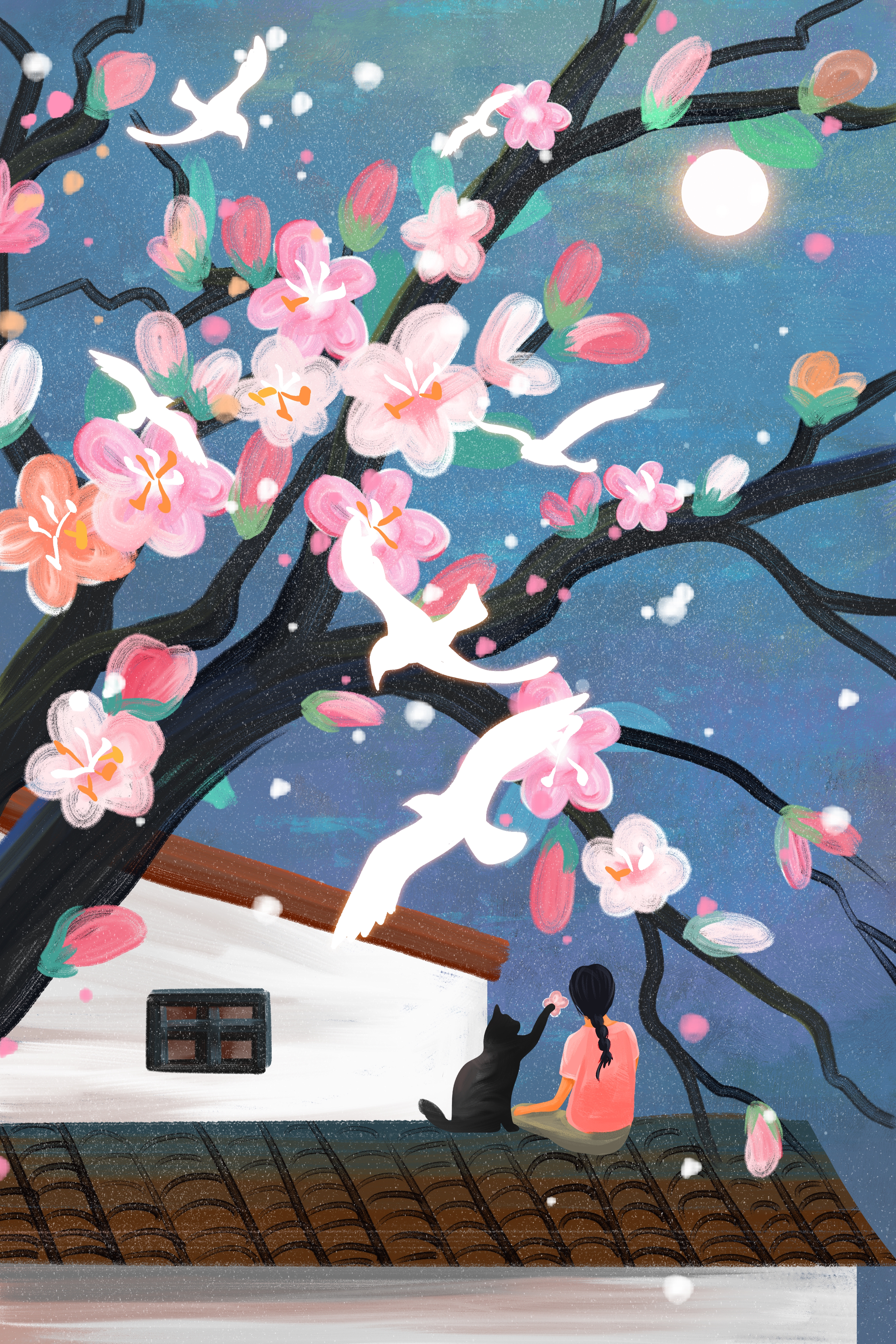 竖版唯美樱花桃花插画素材2