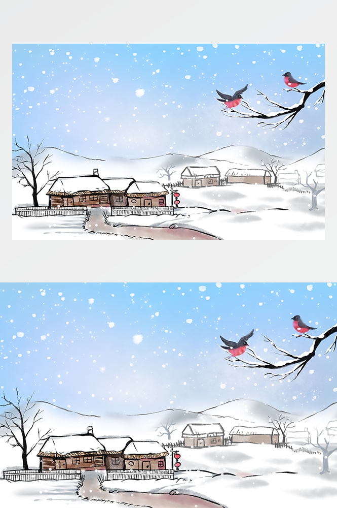 冬天雪景风景场景插画大雪小雪横版冬季素材26